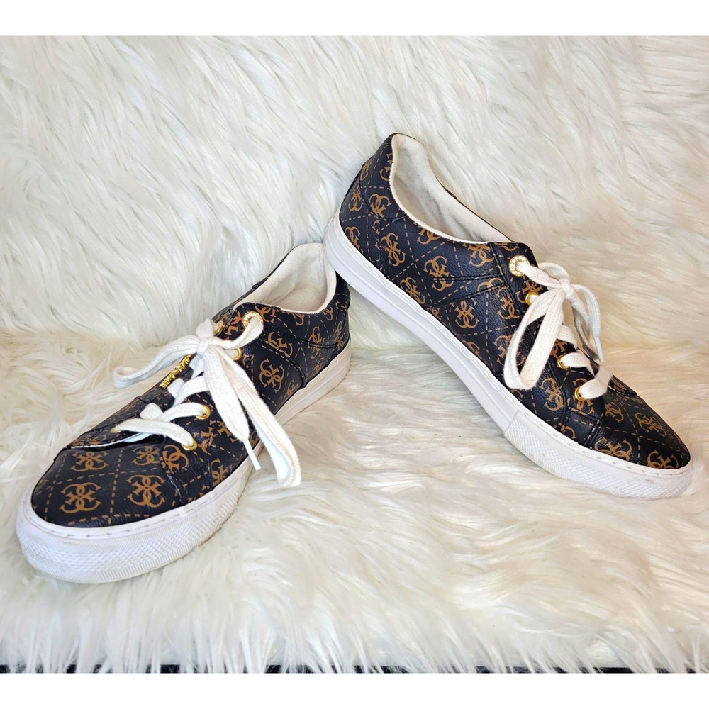 Women's Guess Loven Lace-Up Logo Sneaker Black Brown White US 11 - Read